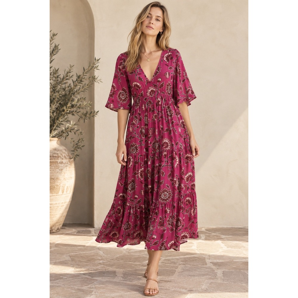 Anthropologie Omika Midi Dress XS Pink Floral V-Neck Tiered Boho Block Print